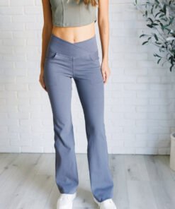 Building Habits Twill Flared Crossover Waist Pant in Titanium Ave Shops